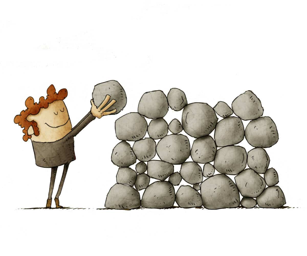 cartoon man building a rockwall