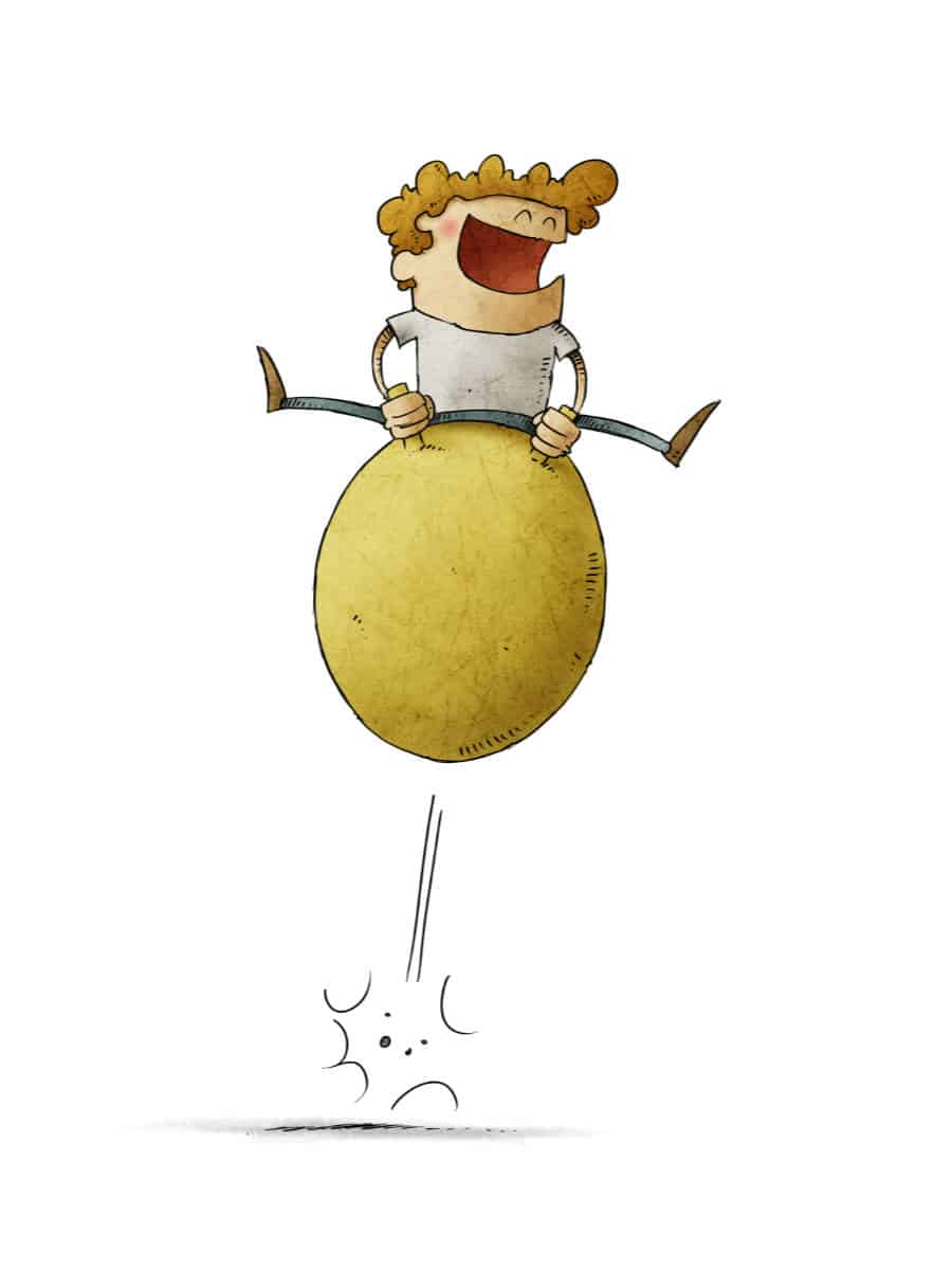 illustration of smiling boy having fun jumping on a hopper ball. 